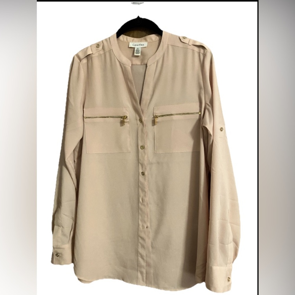 Calvin Klein Zip Pocket Utility Blouse  Blush Pink Roll Sleeves Size S/CH/P